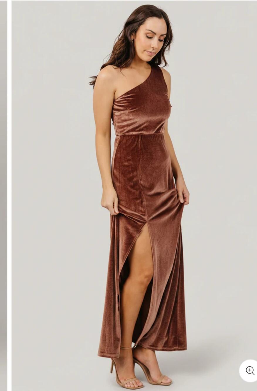 Baltic Born Old Money Tatiana One-Shoulder Stretch Velvet Maxi Dress in Rust M